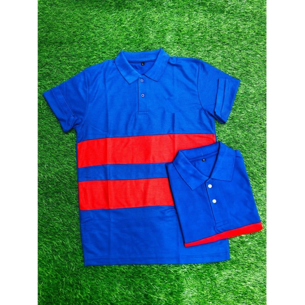 Blue cotton casual short sleeves polo neck T-shirt for men - solid design