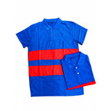 Blue cotton casual short sleeves polo neck T-shirt for men, solid design on a clothing hanger