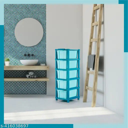 Blue modular shelving unit, 5 sections