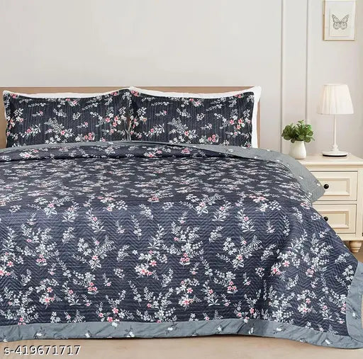 Cotton floral print reversible quilted bed cover (90*100) with 2 pillow covers (20*30), ideal for adult summer seasons, India-made luxury bedding set