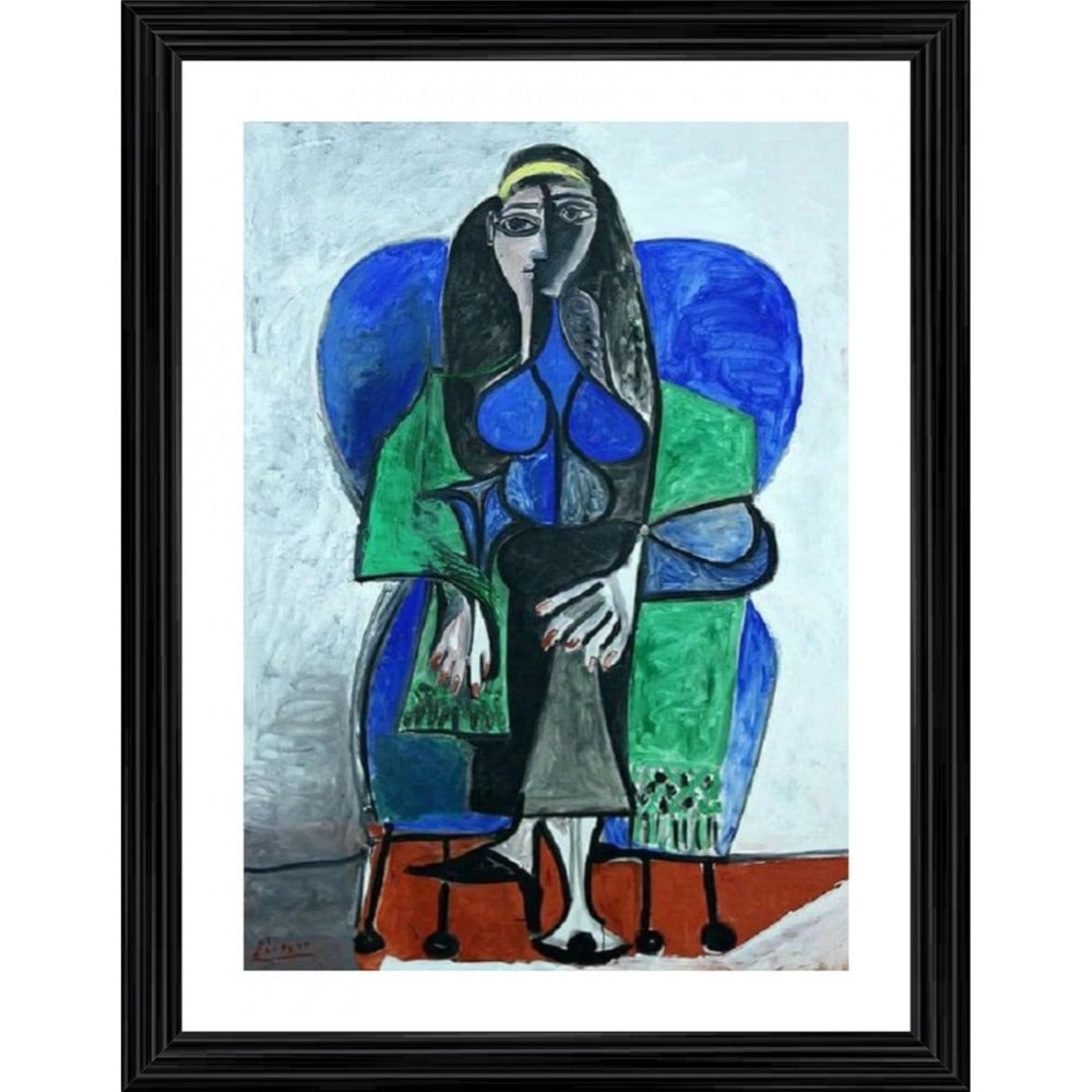 A woman in a green shawl, seated and looking away from the viewer, painted in a multicolor style reminiscent of the 1960s