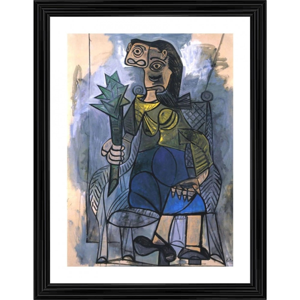 Multicolored abstract painting of a woman holding an artichoke, featuring geometric shapes and pastel colors, displayed in a wooden photo frame. The frame showcases its craftsmanship and artistic value
