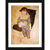 Young boy in clown suit, oil on canvas painting with wooden frame