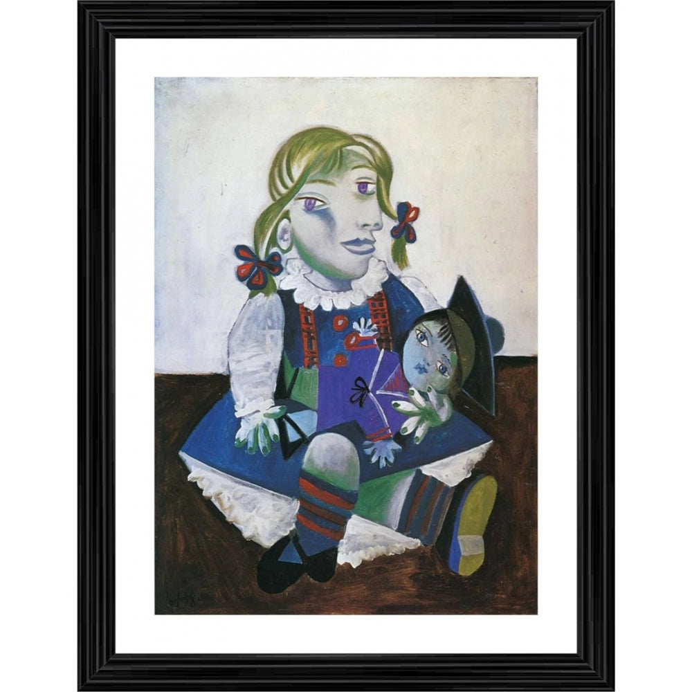 Painting of a girl in a blue dress with her red-haired doll, colorful art style, wood photo frame