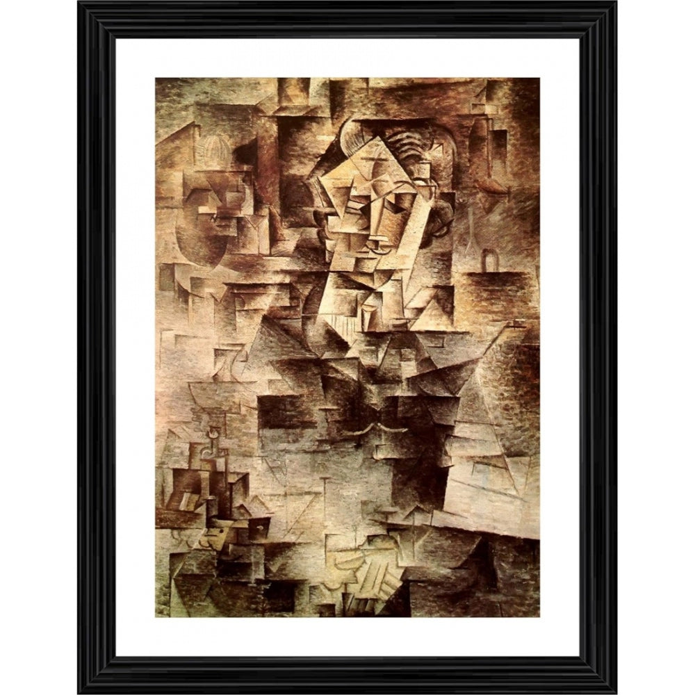 A framed 1911 painting of an accordionist with a wood frame, set against a textured background