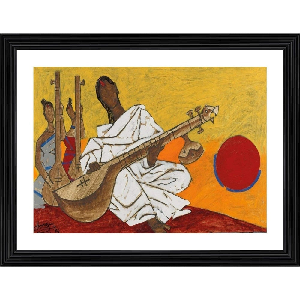 The alt text could be: 'Multicolored frame depicting a woman playing the sitar, with her depicted in red and white against a yellow background