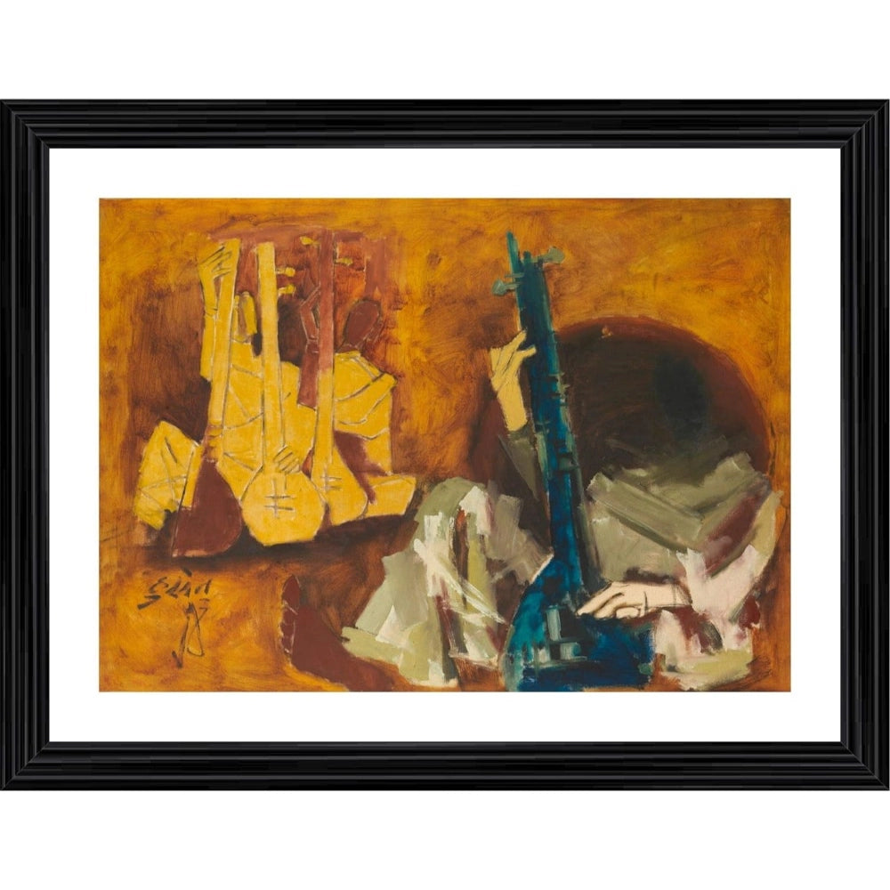 Multicolor photo frame with painting of two violins and a guitarist