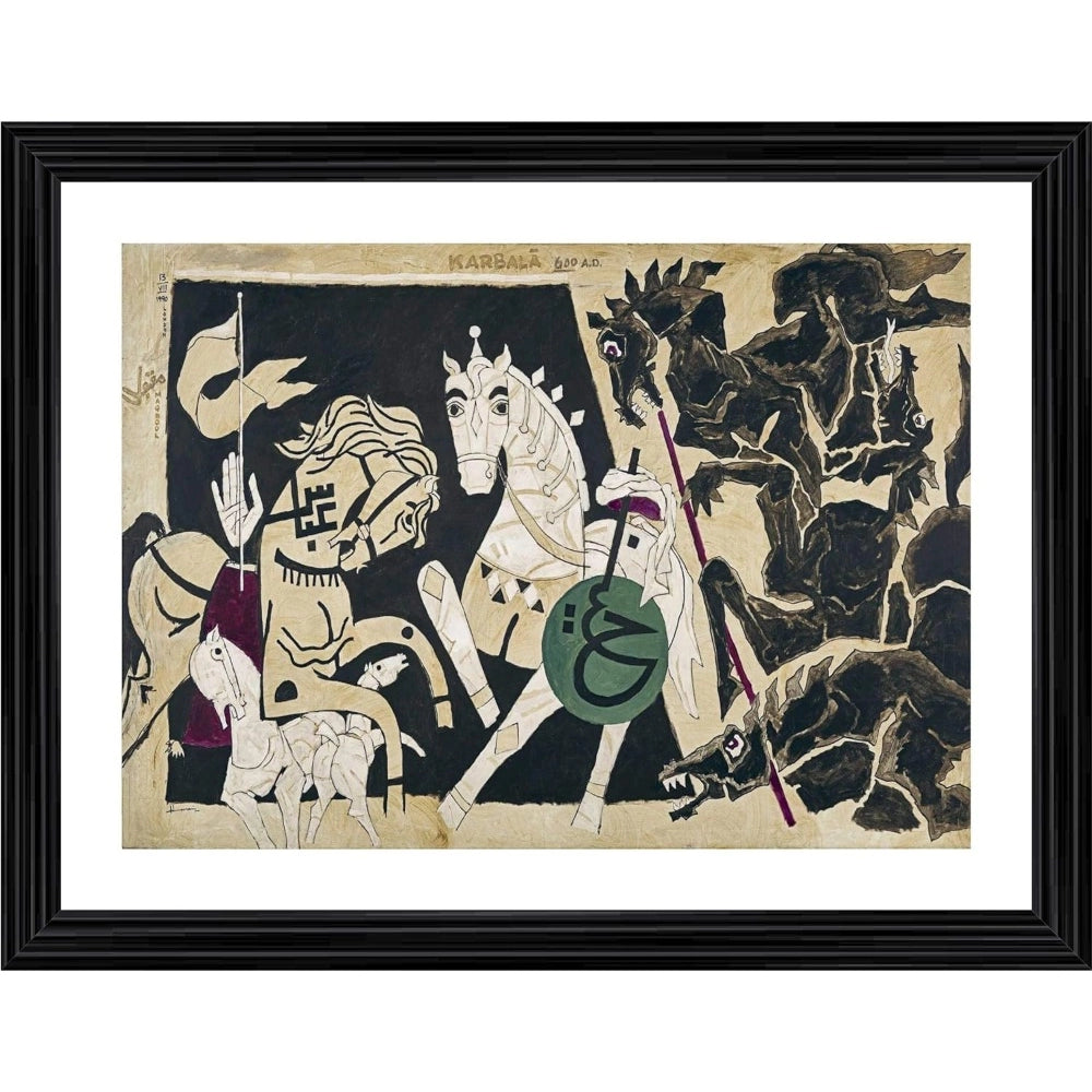 Multicolor wood photo frame with a painting depicting five horses in battle, horses standing on one side and figures on the other, showcasing a historical or fantasy scene