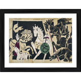 Multicolor wood photo frame with a painting depicting five horses in battle, horses standing on one side and figures on the other, showcasing a historical or fantasy scene