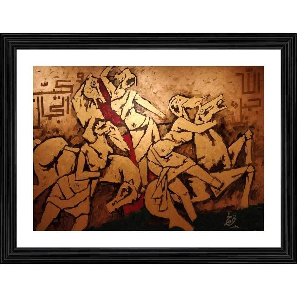 Three rider figures on horses, multicolor painting with wood frame photo