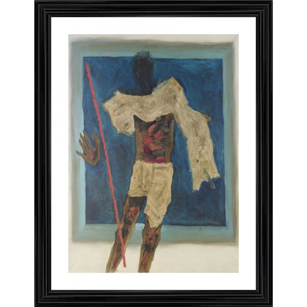 Mahatma painting with wood photo frame, featuring a figure against a blue background