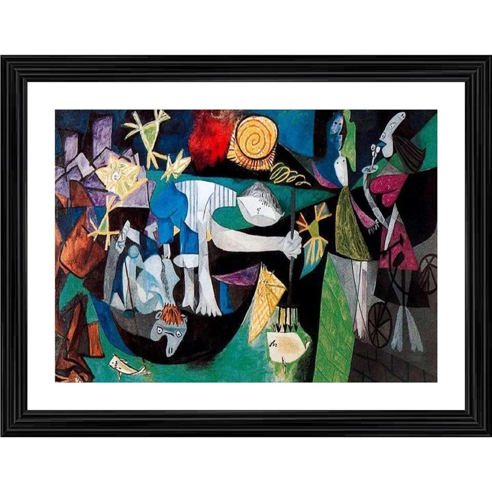 Multi-colored painting in a wooden frame depicting night fishing, vibrant with various hues and styles