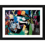 Multi-colored painting in a wooden frame depicting night fishing, vibrant with various hues and styles