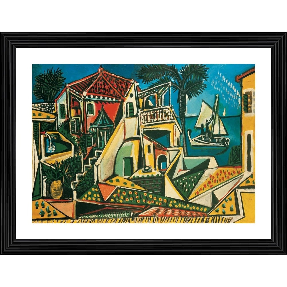 Medallion framed vintage Mediterranean landscape painting, bright colors, 1953 style