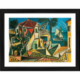 Medallion framed vintage Mediterranean landscape painting, bright colors, 1953 style