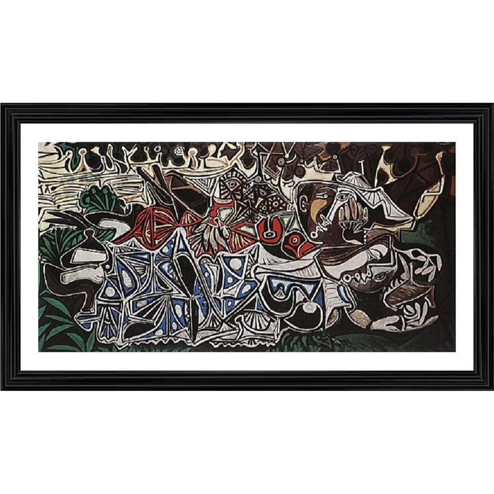 A 1950s-style painting with a wood frame showcasing a tranquil river scene, featuring young ladies on the banks of the Seine