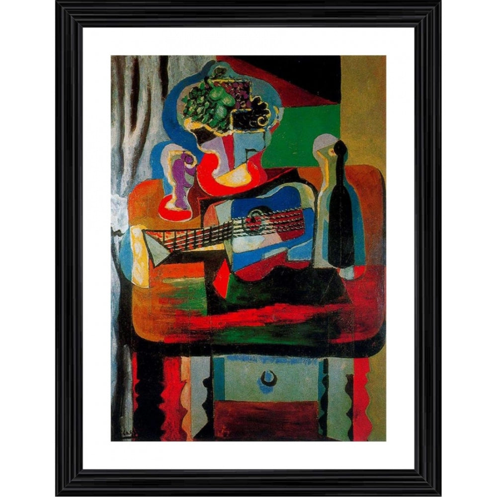 Multicolored abstract art featuring a guitar, bottle, fruit, dish, and glass, in a wood photo frame from 1919