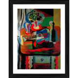Multicolored abstract art featuring a guitar, bottle, fruit, dish, and glass, in a wood photo frame from 1919