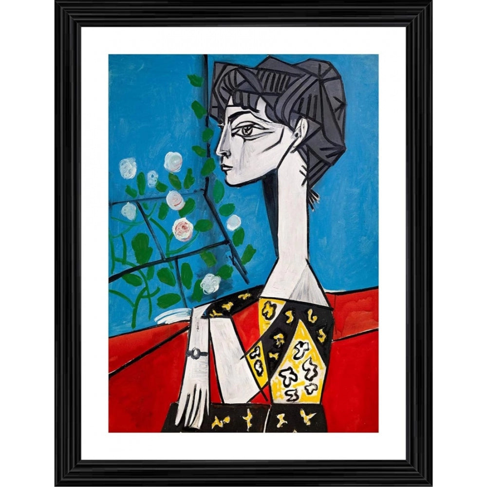 Jacqueline's portrait in wood frame, capturing her gaze towards blooming roses, 1954 style painting