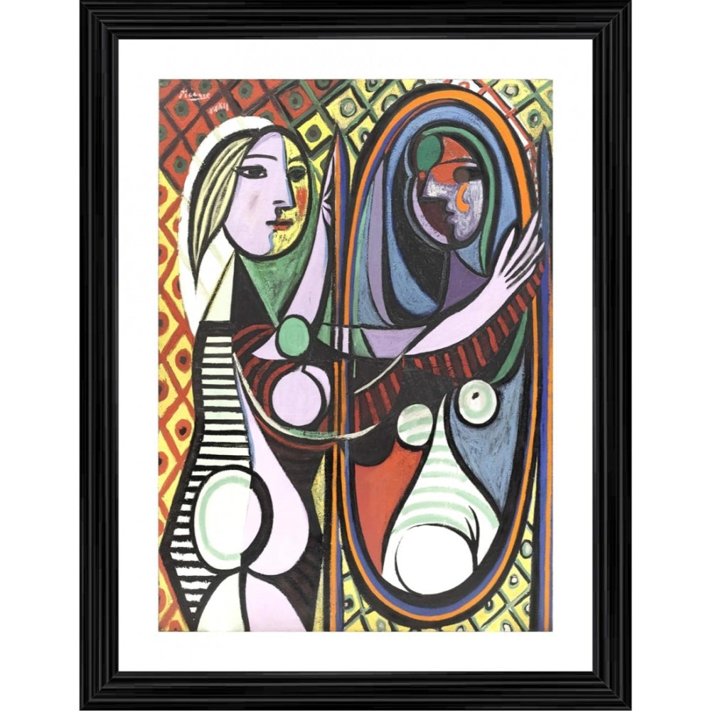 A painting of a woman looking into a mirror with an ornate frame