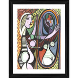 A painting of a woman looking into a mirror with an ornate frame