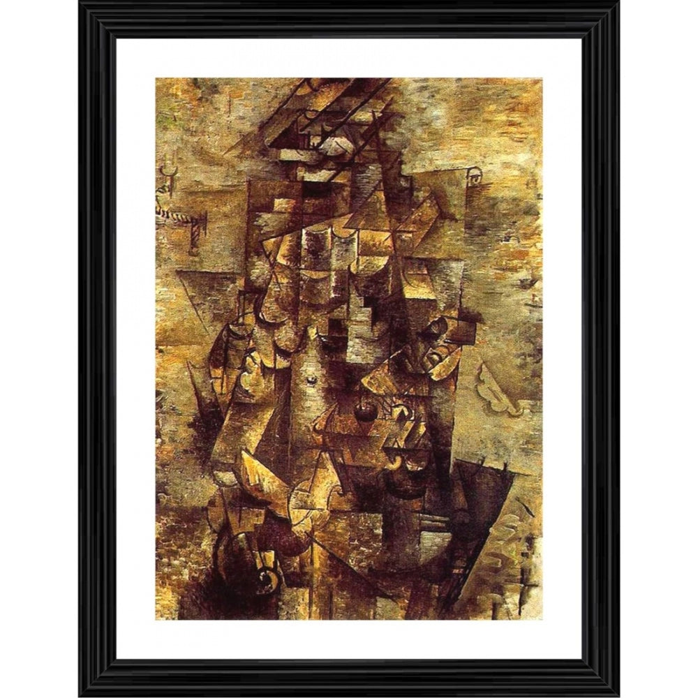 Framed artwork of a man playing a guitar, captured in an impressionistic style, 1911, featuring wood elements
