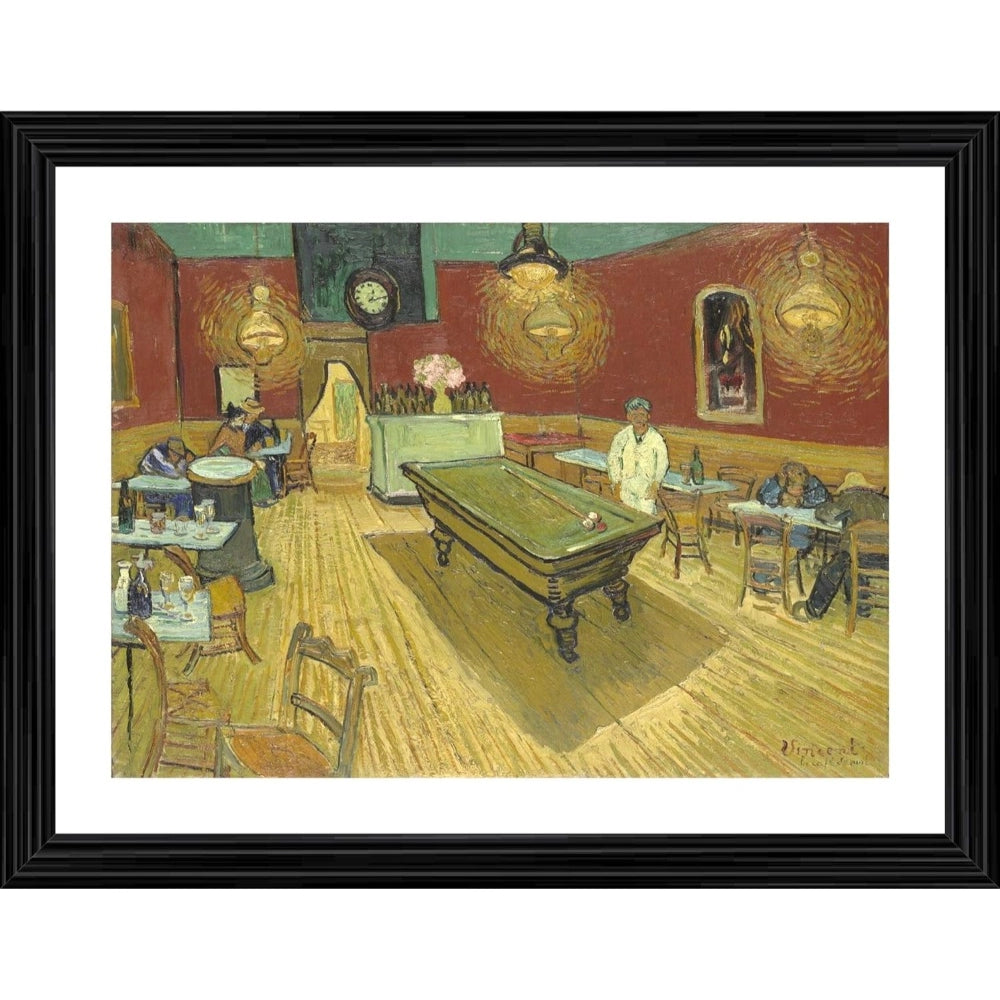 Painting with wood photo frame, impressionist art genre, night cafe theme, vintage style