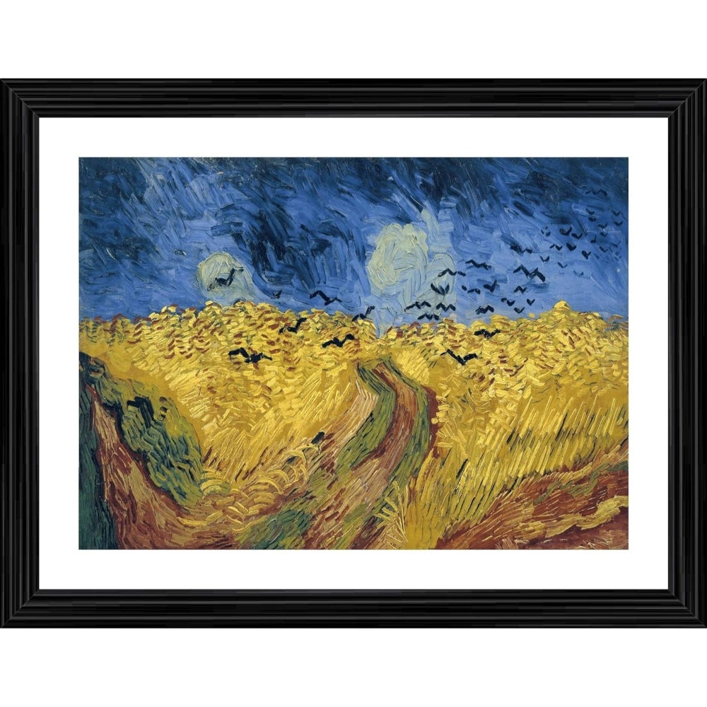Post-impressionist painting of a vibrant wheat field under a cloudy sky, with numerous crows flying overhead. The scene is set within a simple wood frame with a variety of colors