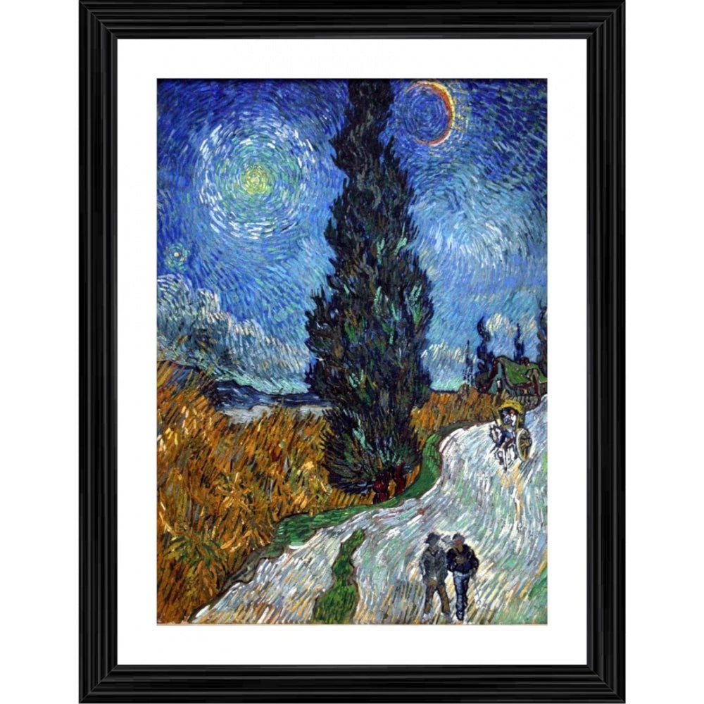 Road, cypress trees, night sky, Vincent van Gogh painting frame, oil on canvas, post-impressionist art