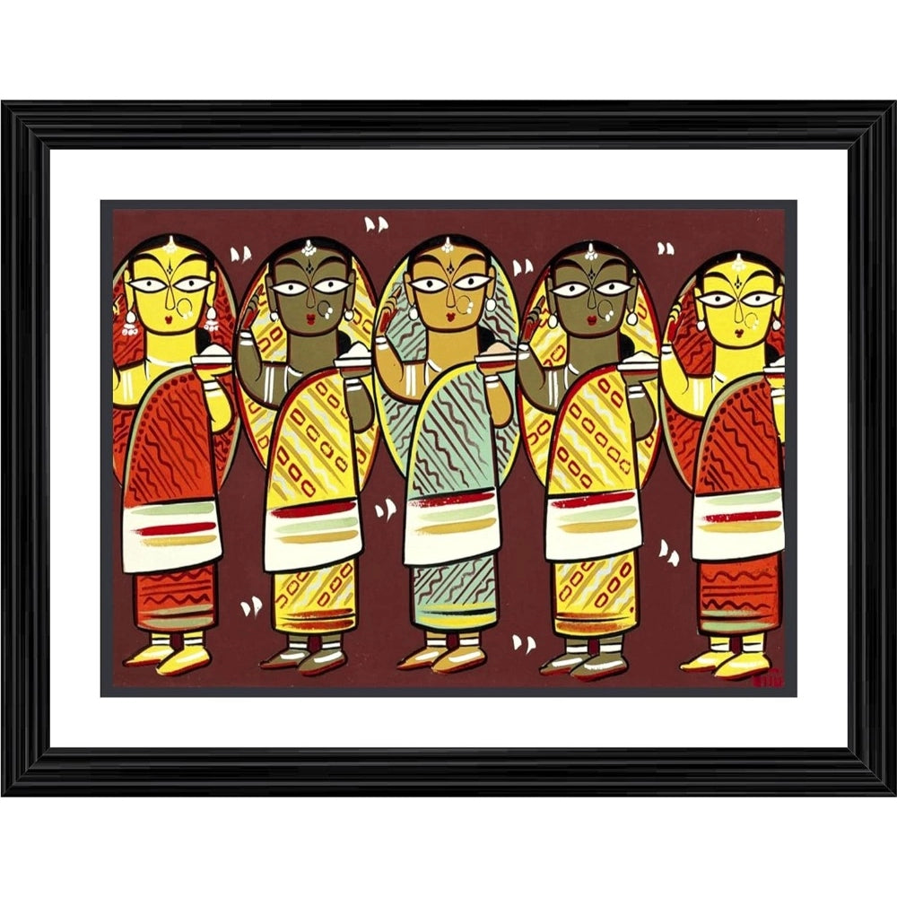 Vibrant multi-colored frame, five women painting