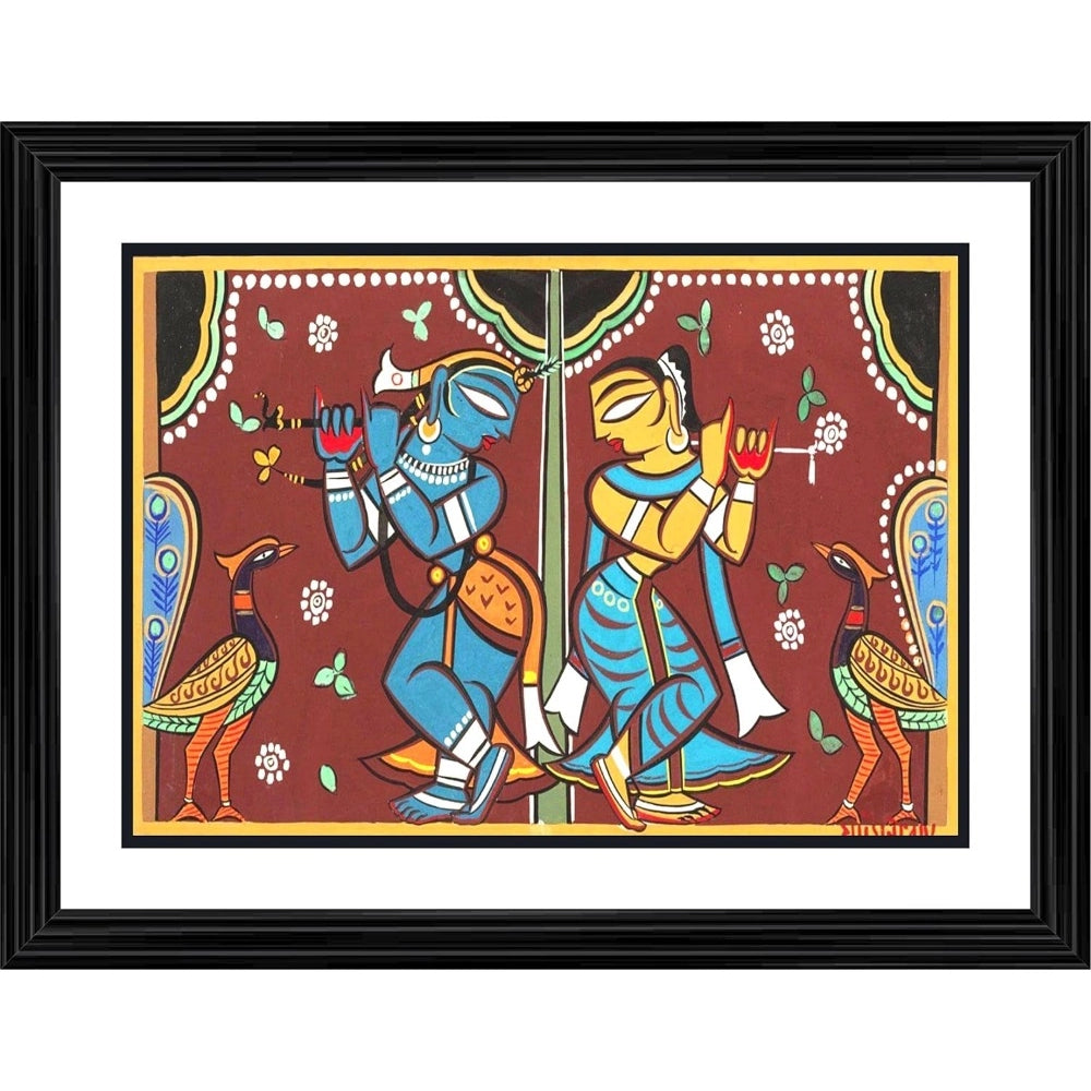 Radha-Krishna painting in wood photo frame, colorful with multiple figures and nature elements