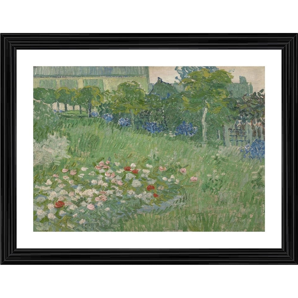 Multicolored wood photo frame with painting of a garden by Daubigny, depicts blooming flowers and greenery, circa 1890