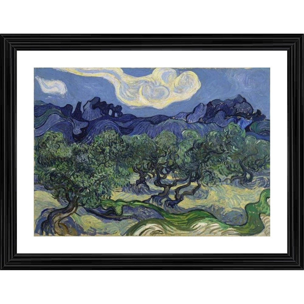 Mixed media art piece featuring an 1889 painting of olive trees in a pastoral setting, with a wooden photo frame available in multiple colors, showcasing the artistic style and subject matter