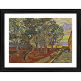 Vivid multicolored garden painting in an ornate wooden frame with a mat, 1889