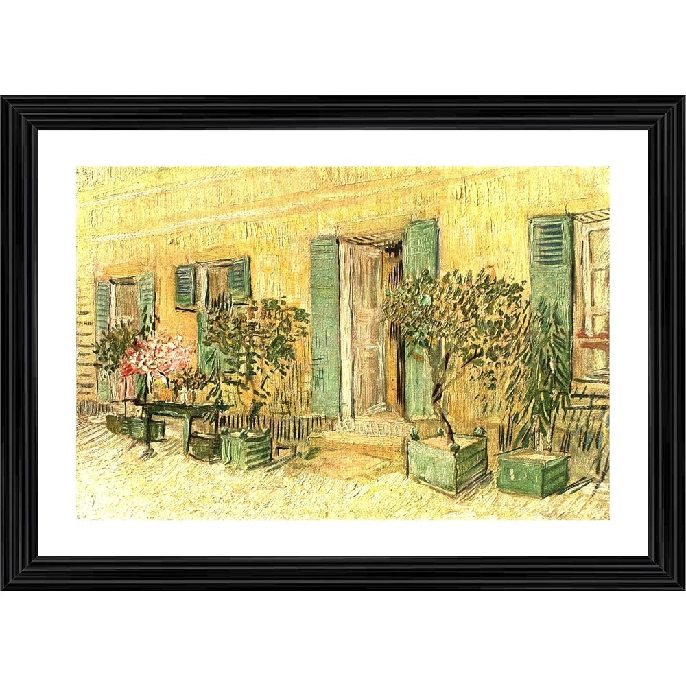 Yellow framed painting depicting an exterior view of a restaurant with open shutters, potted plants, and a blue door