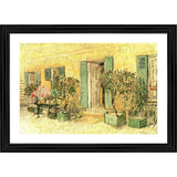 Yellow framed painting depicting an exterior view of a restaurant with open shutters, potted plants, and a blue door