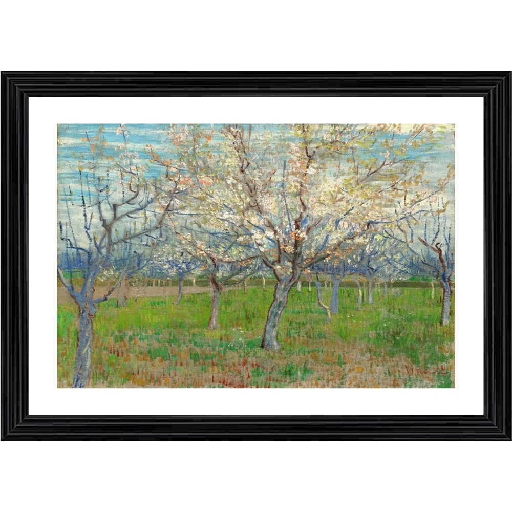 A beautiful painting depicting a serene orchard in bloom, within a stylish photo frame