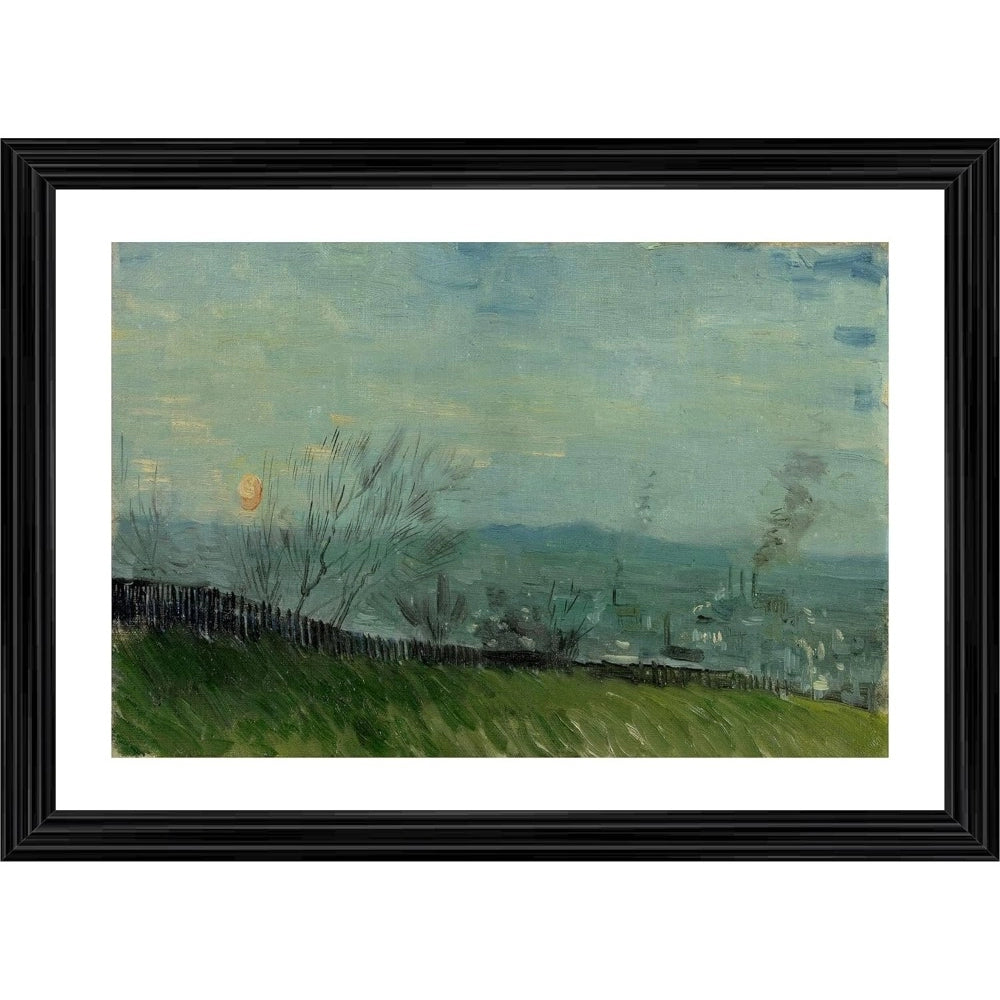 A painting depicting a sunset scene with houses and trees, displayed within a wood photo frame with multiple colors