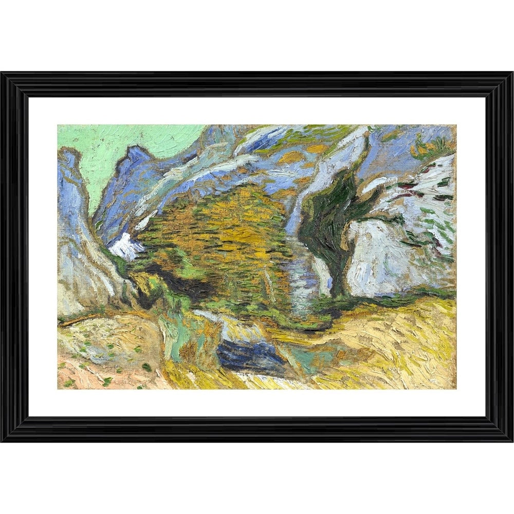 Multi-colored wood framed painting depicting a ravine with a small stream, suitable for wall mounting