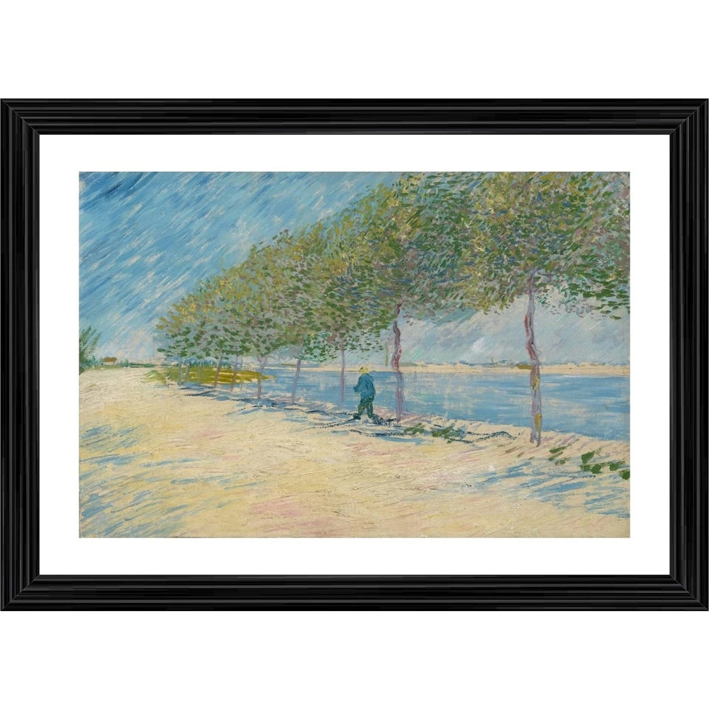 A painting of a person walking beside a river, with a multicolored photo frame in the foreground