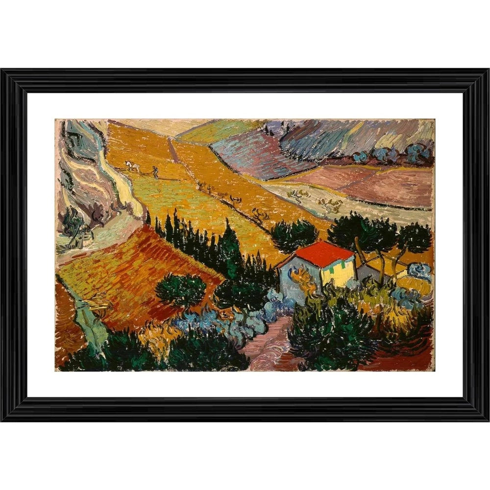 Multicolor wood framed painting "House and Ploughman 1889" with lightweight wall mount, 14x18 size