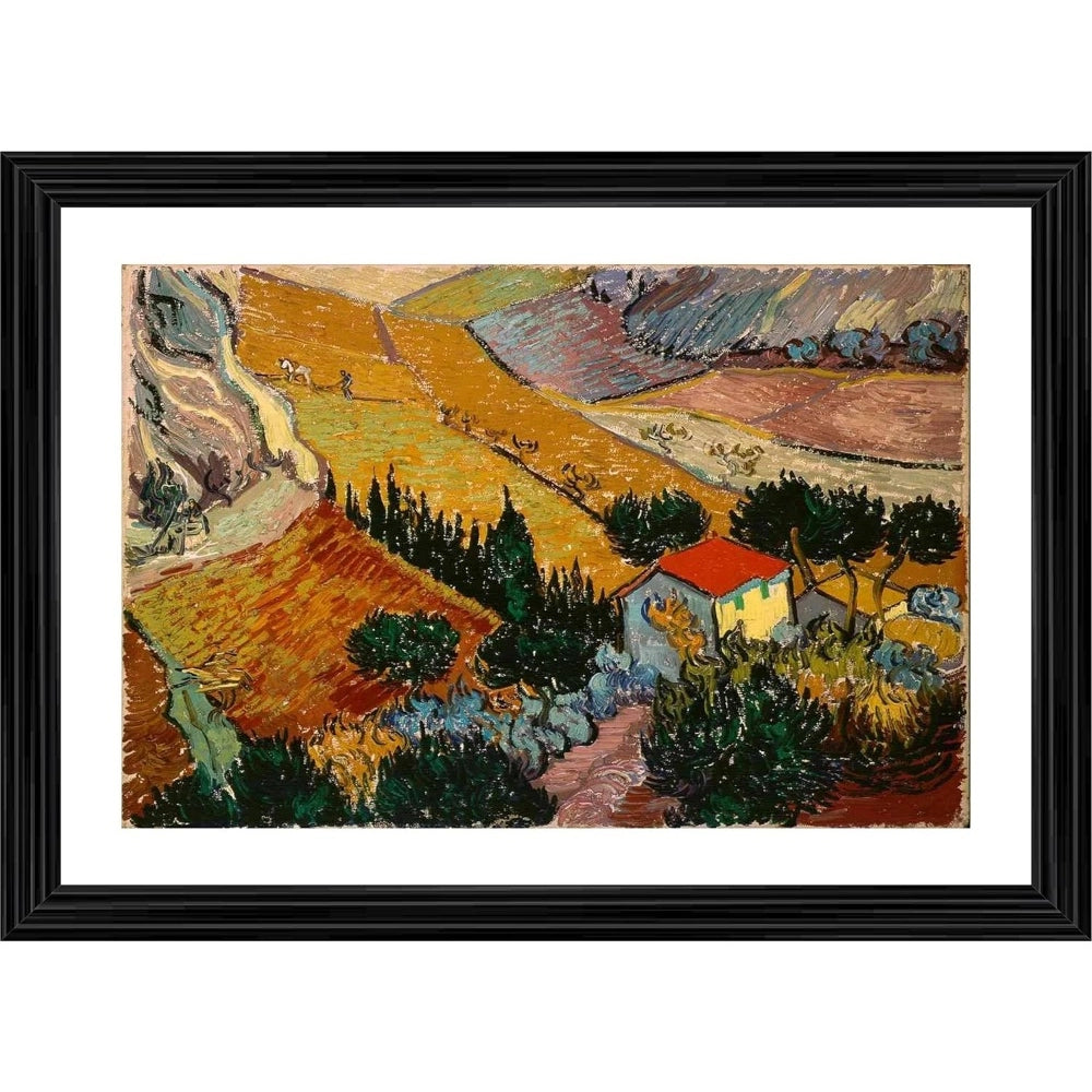 This is a framed artwork depicting an impressionist style landscape painting with a house, trees, and a plowman in the foreground. The frame has a simple, dark wood finish