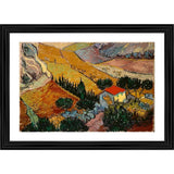 This is a framed artwork depicting an impressionist style landscape painting with a house, trees, and a plowman in the foreground. The frame has a simple, dark wood finish