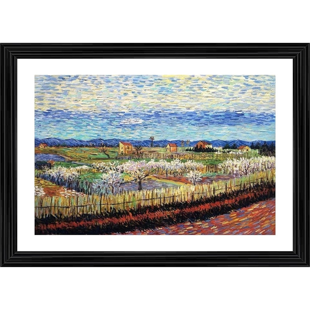 Vintage painting of peach trees, wood photo frame, 1888 art piece