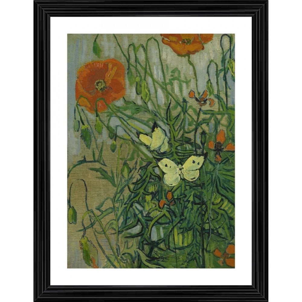 Multicolor wood framed painting of Butterflies and Poppies (14x18), lightweight wall mount, features vibrant floral and butterfly motif
