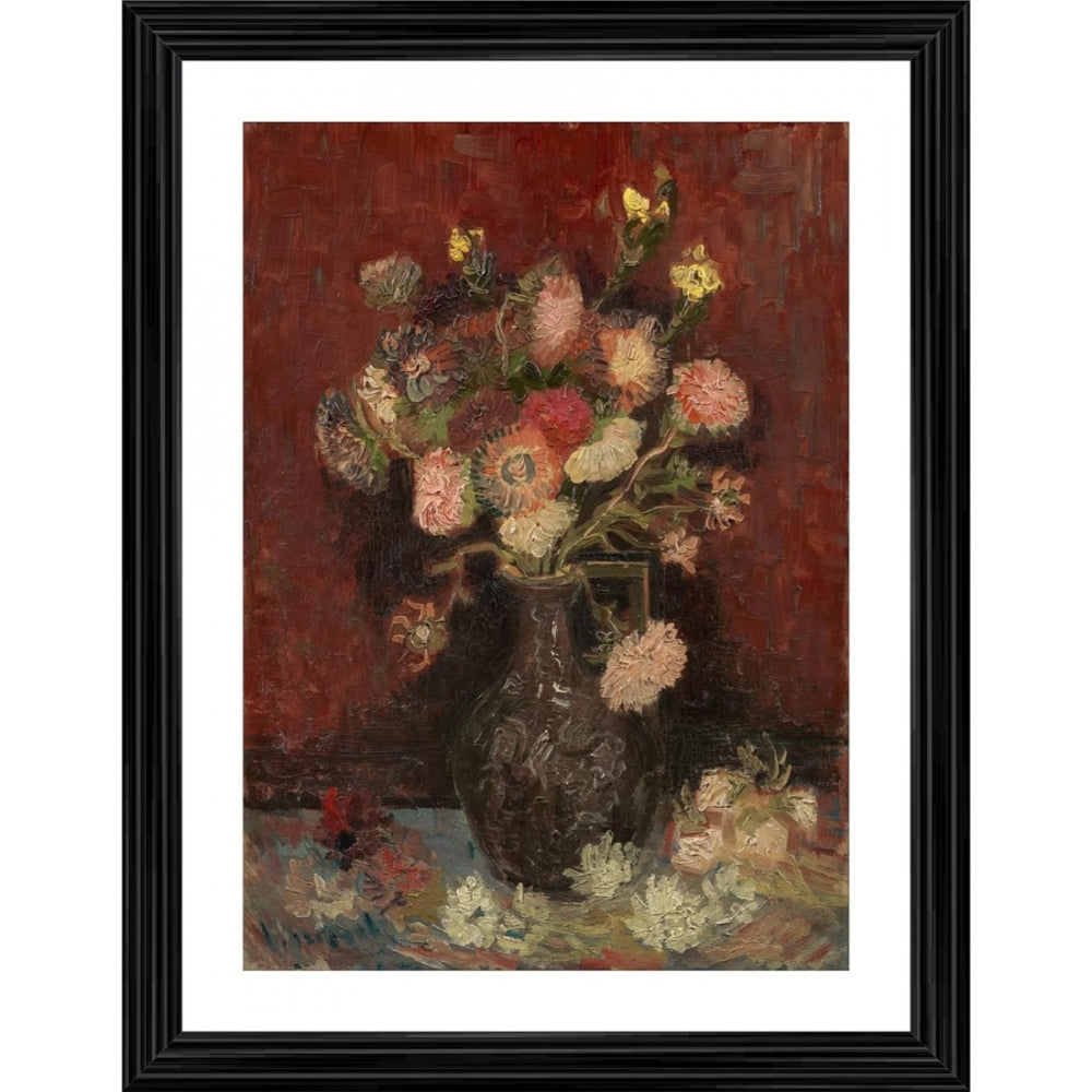 Vintage painting of a vase with flowers, displayed in a wooden frame