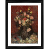 Vintage painting of a vase with flowers, displayed in a wooden frame