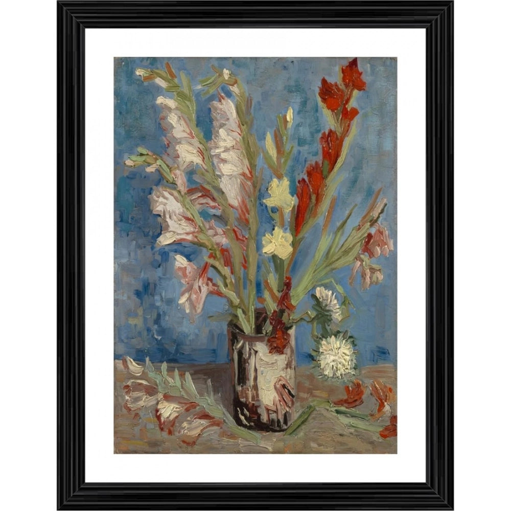 Multicolor wood-framed painting featuring Gladioli and Chinese Asters, 1886 replica with lightweight wall mount