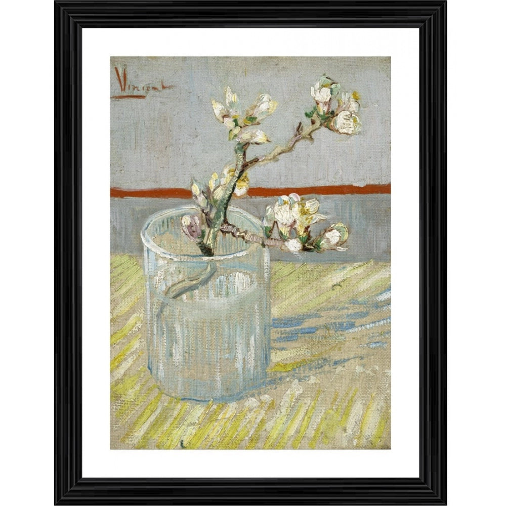 The image features a framed painting of a bouquet with almond blossoms, displayed on a wooden surface