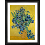 Vintage artwork, impressionist painting, irises in vase, floral still life, wooden frame